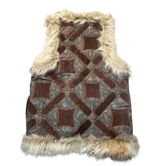 Free People Sterling Studded Patchwork Vest Steampunk Faux Fur Suede Medium - Picture 4 of 12